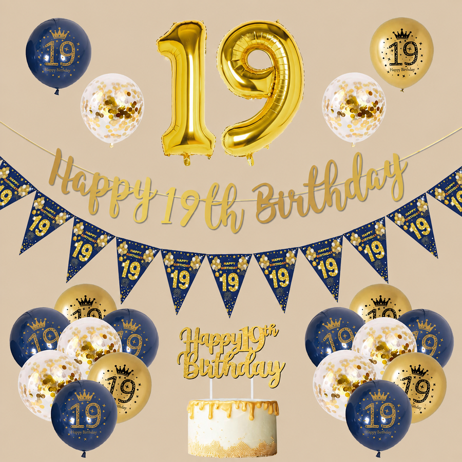 19th Birthday Navy Blue & Gold Balloon Set