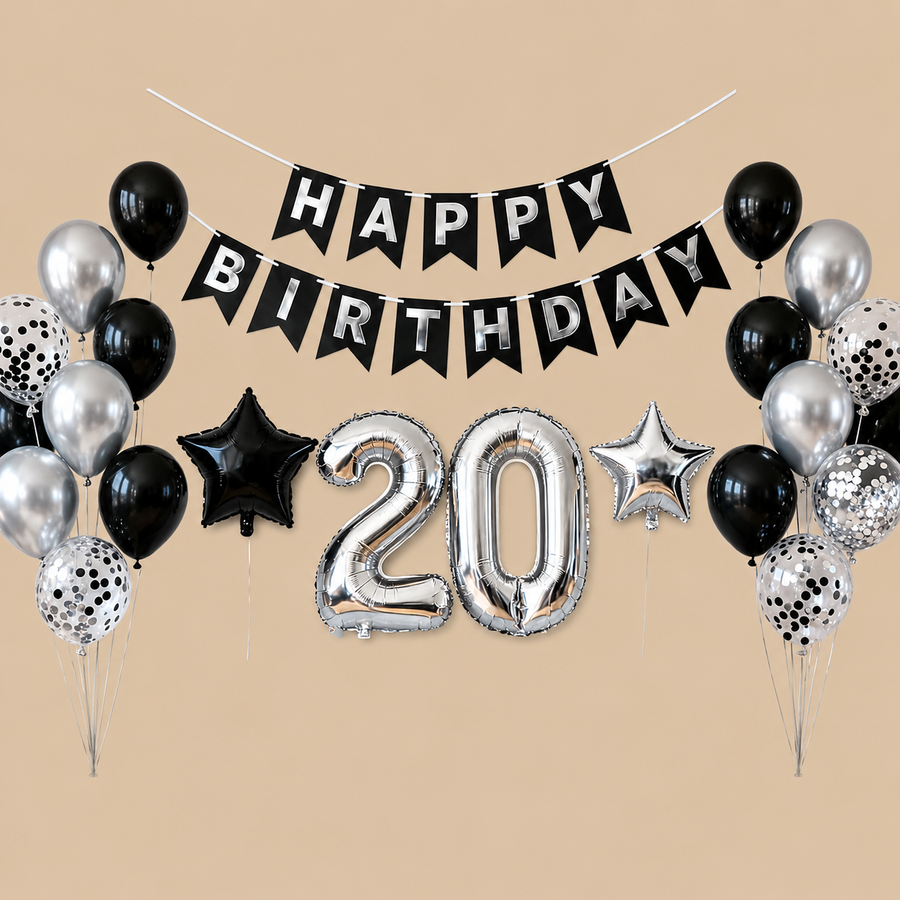 20th Birthday Black & Silver Balloon Decoration Set