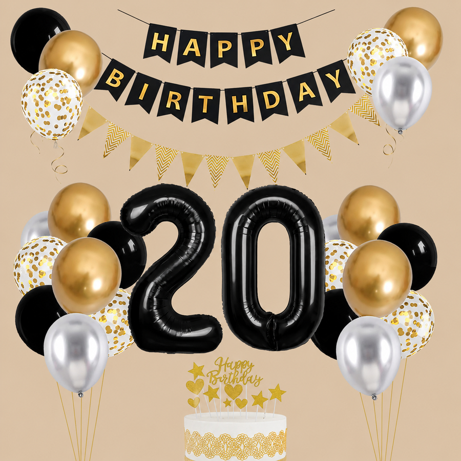 20th Birthday Black, Gold & Silver Balloon Set