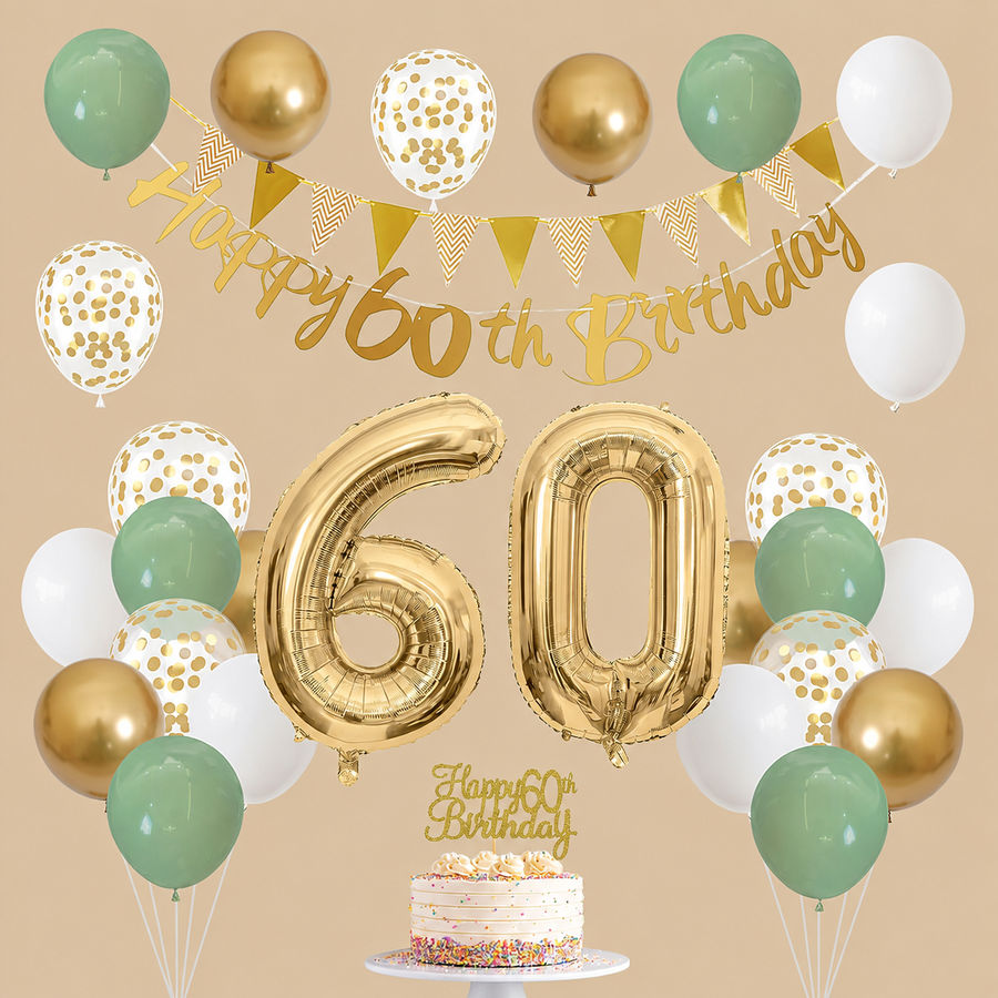 60th Birthday Sage Green, White & Gold Decoration Set