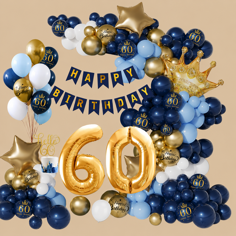 60th Birthday Navy Blue, Gold & White Balloon Set – 120 Pieces