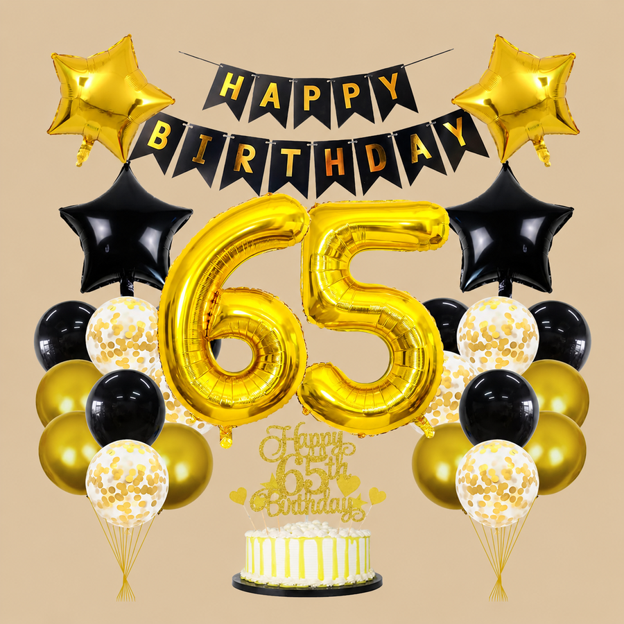65th Birthday Black & Gold Balloon Decoration Set