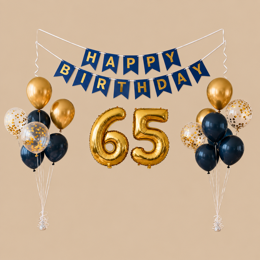 65th Birthday Navy Blue & Gold Balloon Set – 24 Pieces