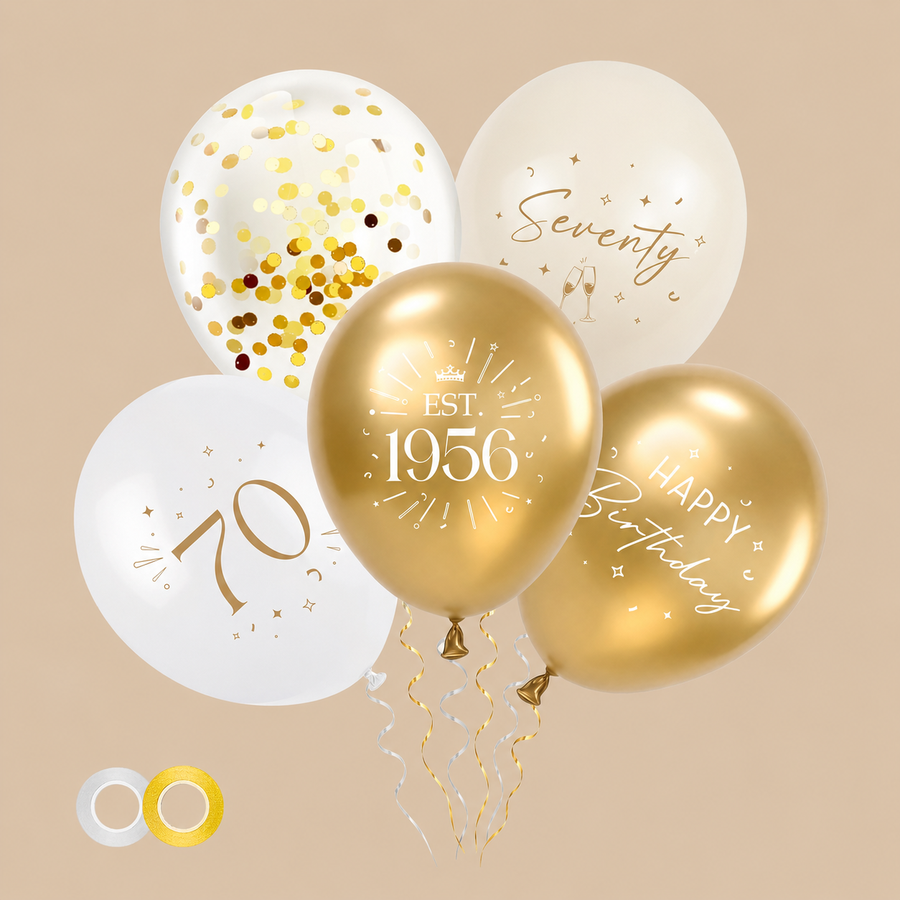70th Birthday White & Gold Balloon Set – 30 Pieces