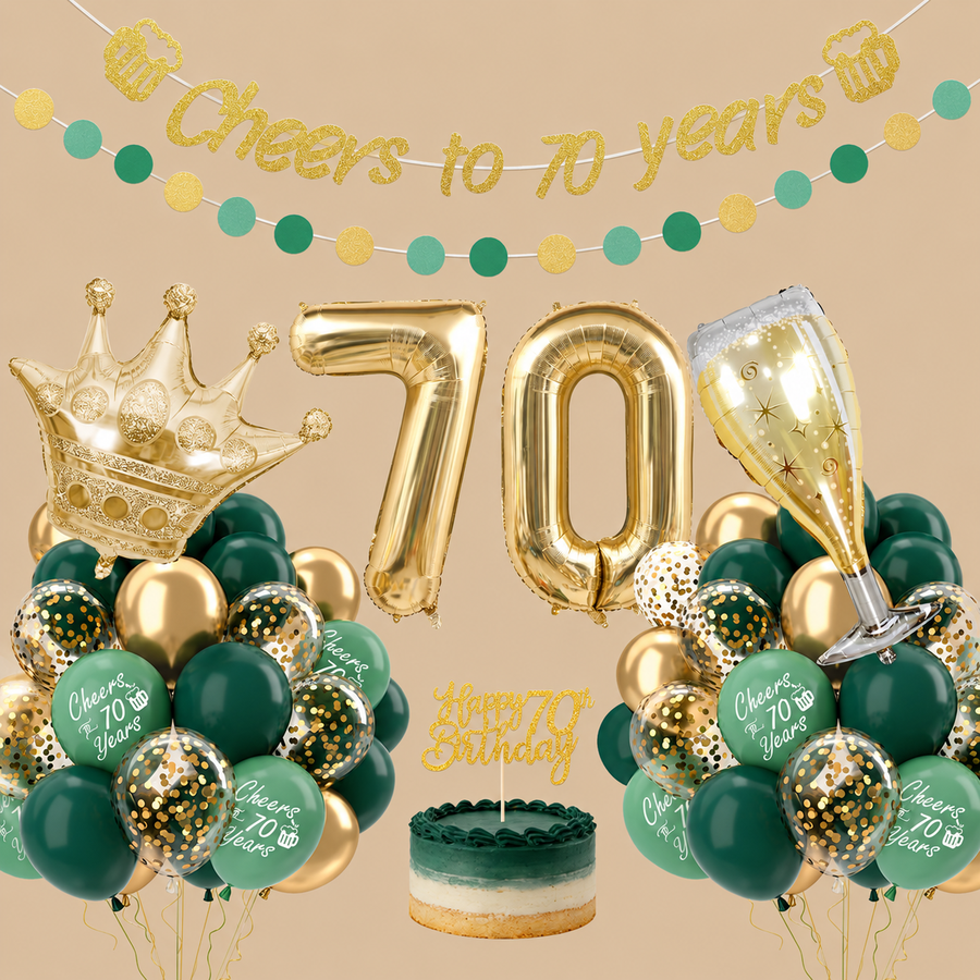 70th Birthday Green & Gold Decoration Set