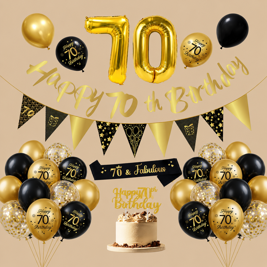 70th Birthday Black & Gold Decoration Set