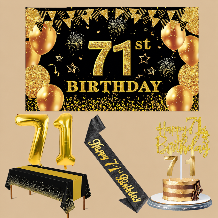 71st Birthday Black & Gold Luxury Decoration Set