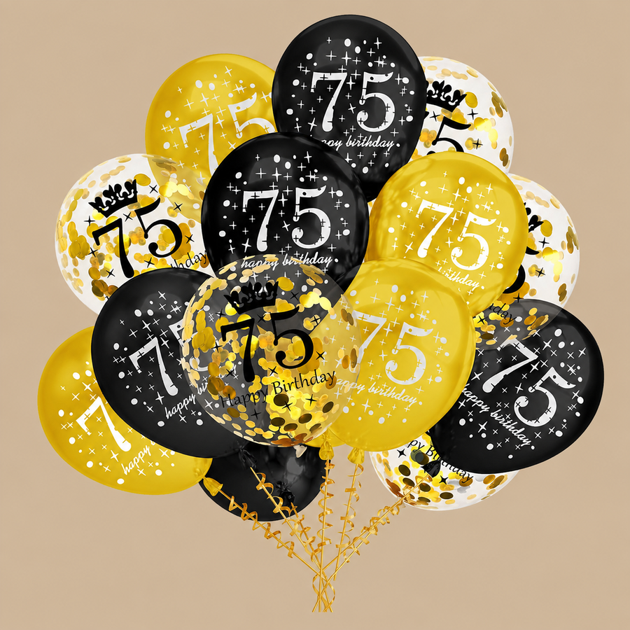 75th Birthday Black & Gold Balloon Set – 15 Pieces