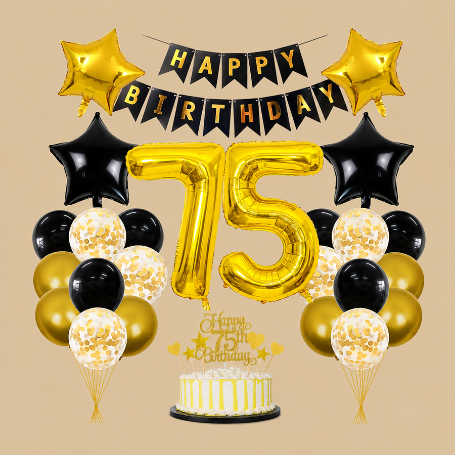 75th Birthday Black & Gold Decoration Kit – 32 Pieces
