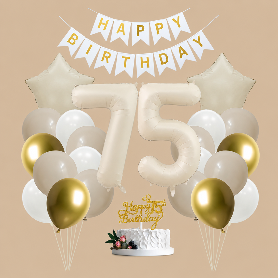 75th Birthday White & Gold Cake Topper Decoration Set