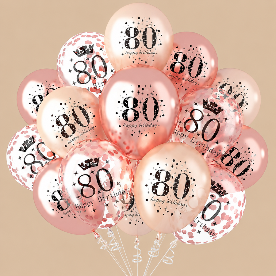 80th Birthday Rose Gold Balloon Set – 15 Pieces