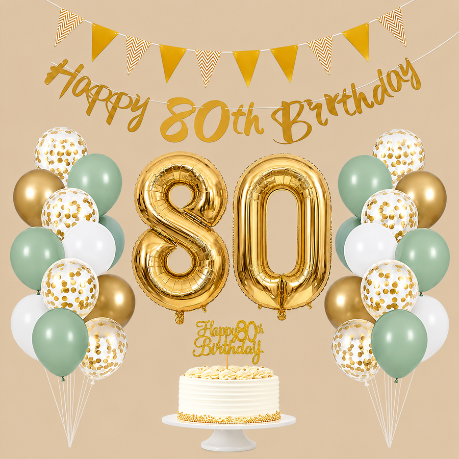 80th Birthday Sage Green & Gold Decoration Set – 29 Pieces