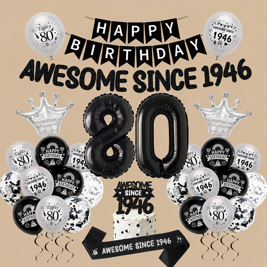 80th Birthday Black & Silver Decoration Set