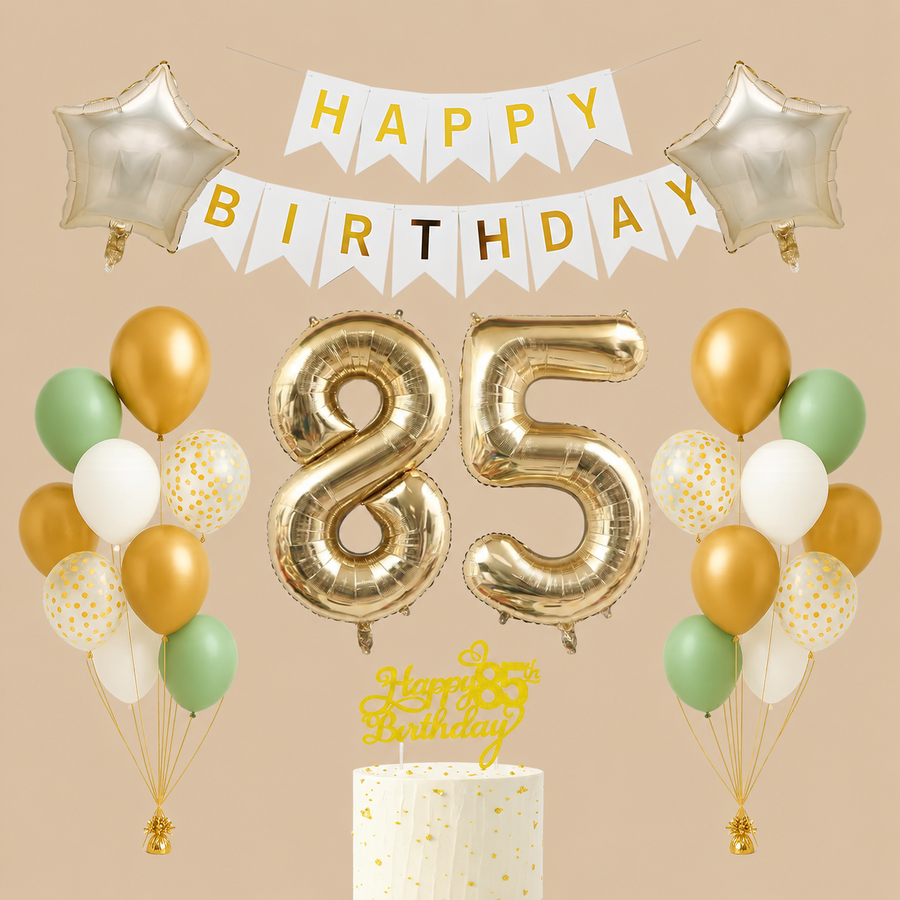 85th Birthday Light Gold, White & Sage Green Decoration Set