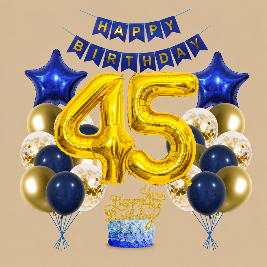 45th Birthday Blue & Gold Party Decoration Set