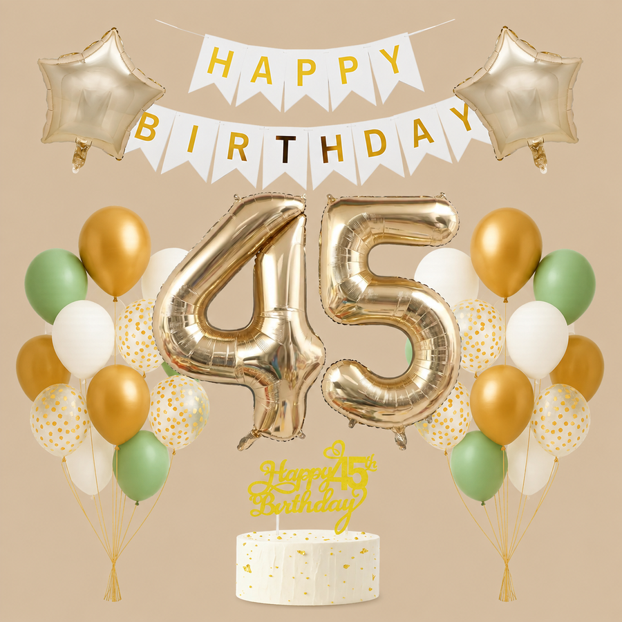 45th Birthday Light Gold, White & Sage Green Decoration Set
