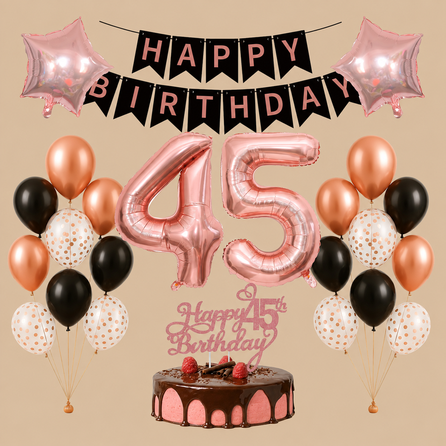 45th Birthday Rose Gold & Black Decoration Set