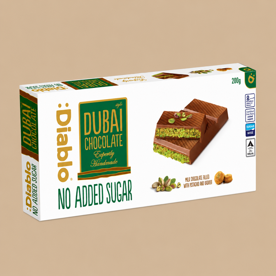 Diablo No Added Sugar Dubai Pistachio & Kadaifi Chocolate Bar 200g - Pack of 1