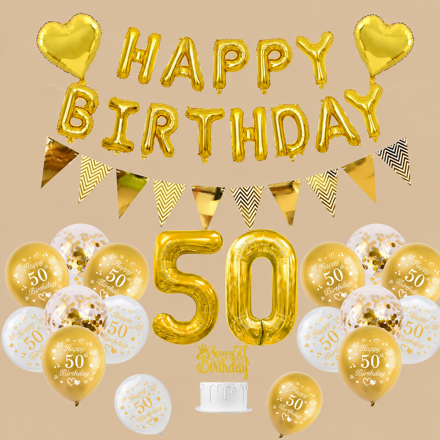50th Birthday Gold & White 32-Piece Decoration Set