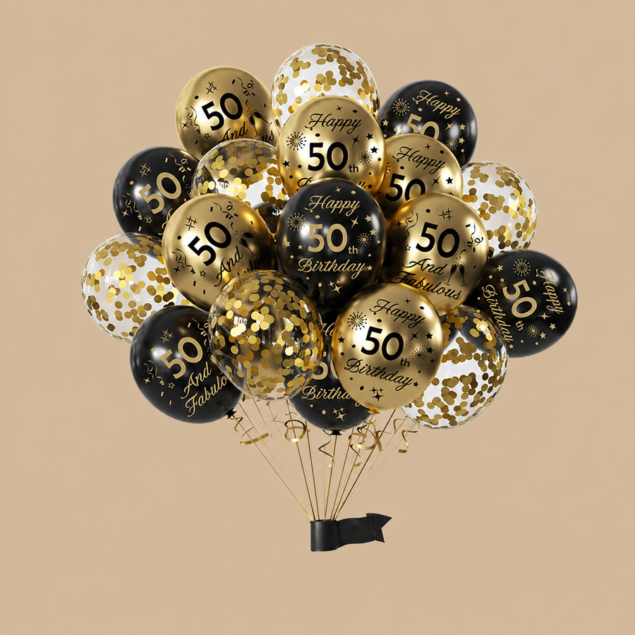 50th Birthday Black & Gold Balloon Set – 15 Pieces