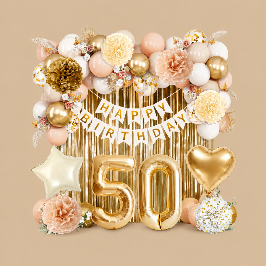 50th Birthday Beige, White & Gold Decoration Set