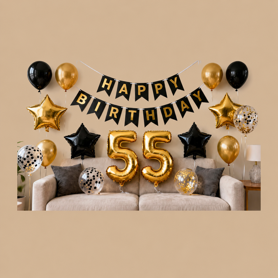 55th Birthday Black & Gold Decoration Set