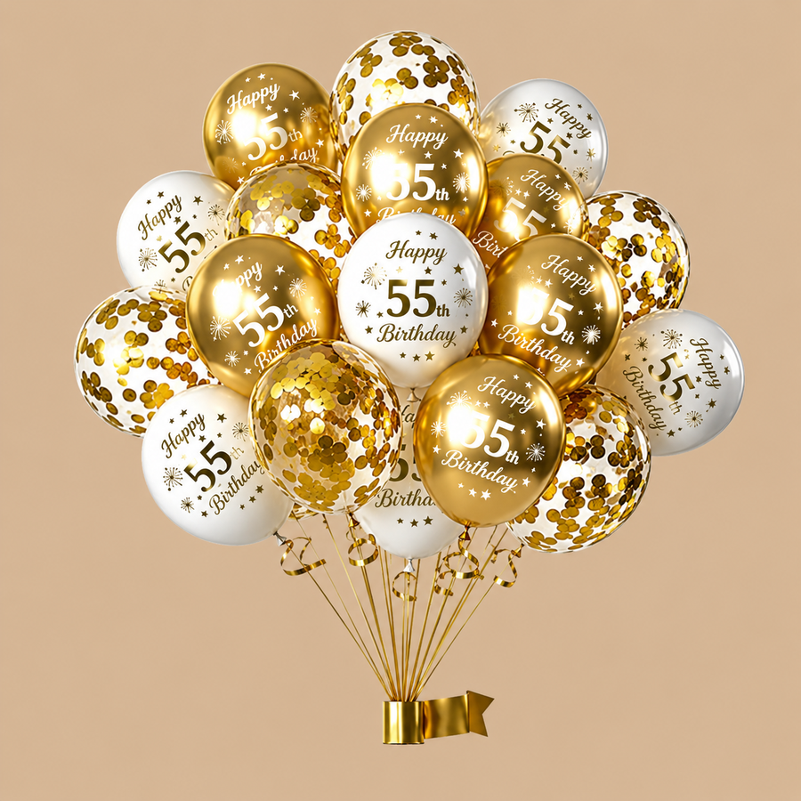 55th Birthday White & Gold Balloon Set – 15 Pieces