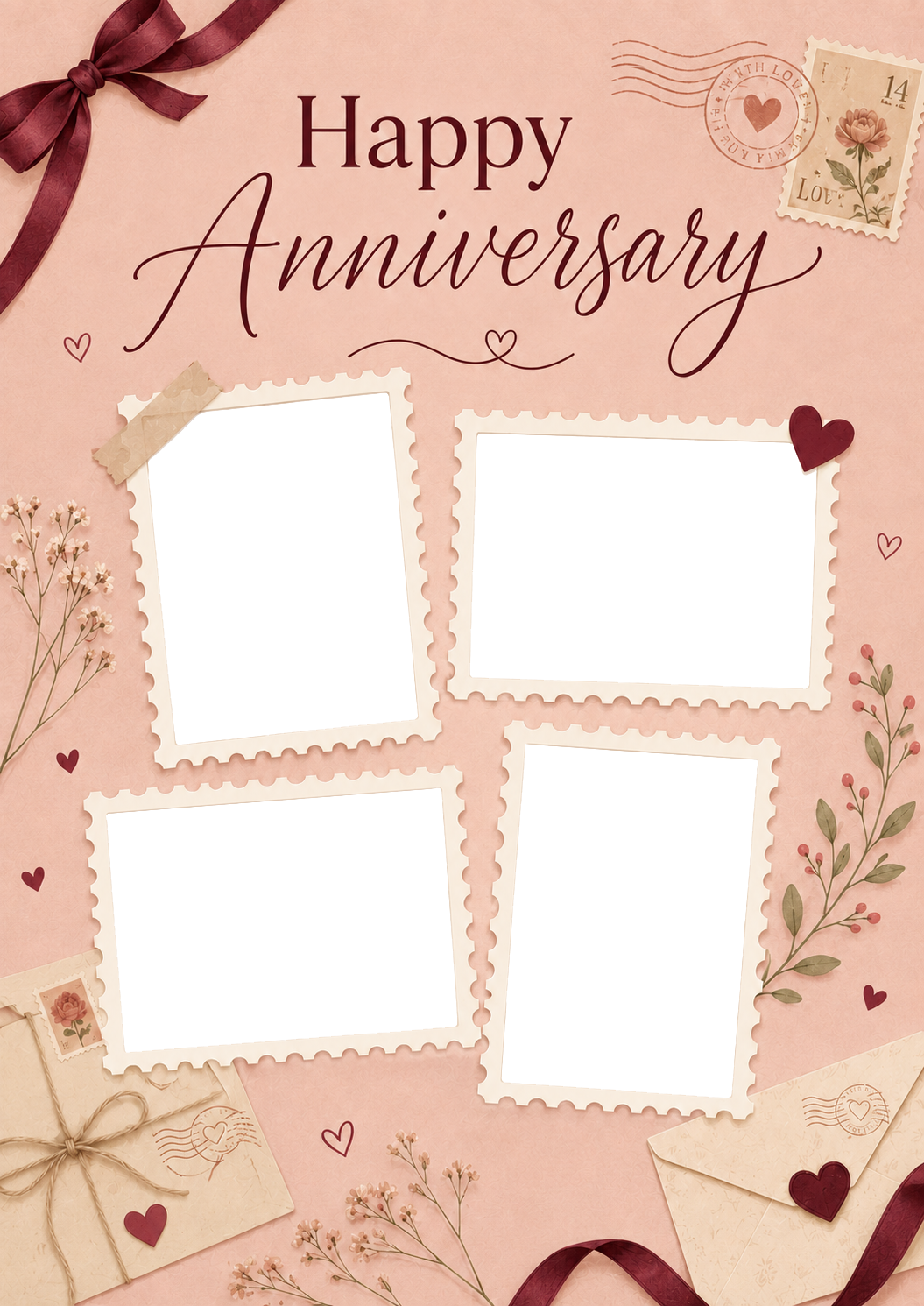 Vintage Stamp Collage 4 Photo Upload Anniversary Card