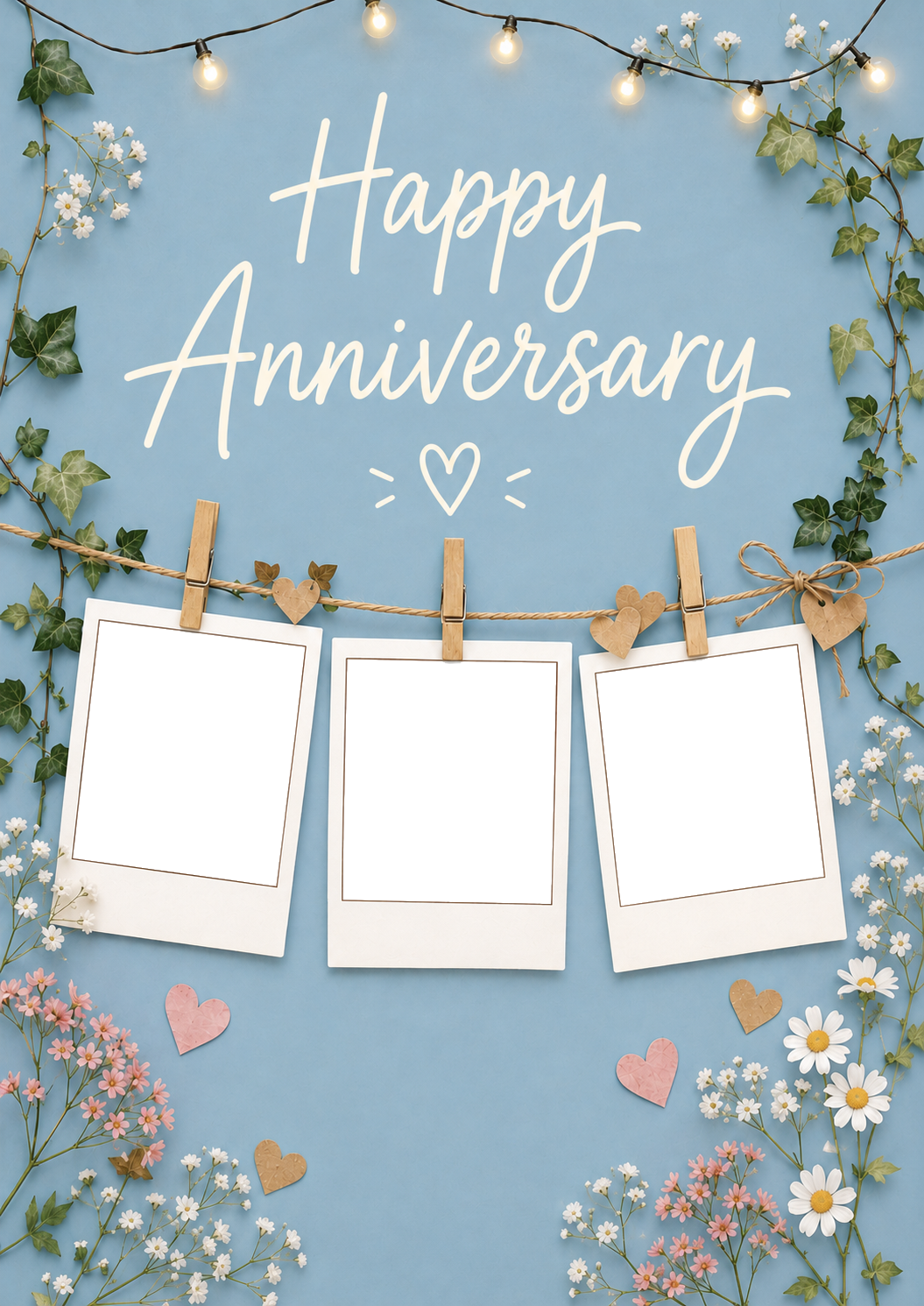 Rustic Fairy Light Clothesline Photo Upload Anniversary Card