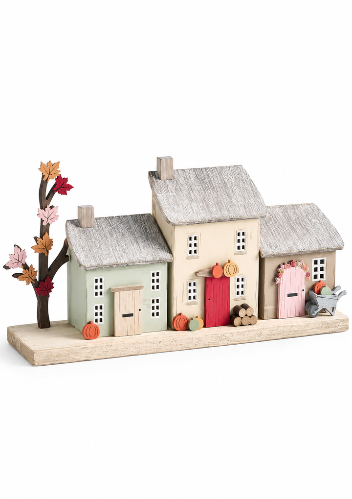 Multi Light Up Autumn Village Scene Wooden Ornament
