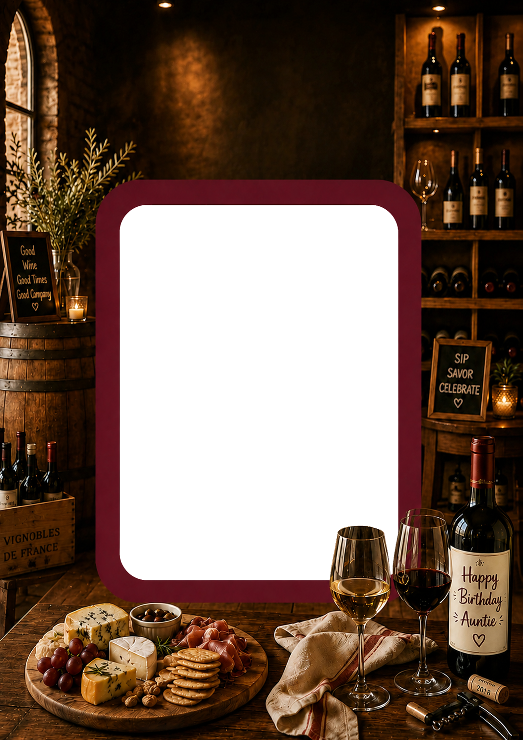 Wine & Cheese Photo Upload Birthday Card for Auntie