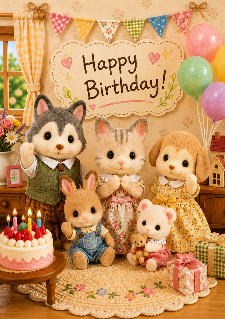 Cute Sylvanian Families Party Scene Birthday Card