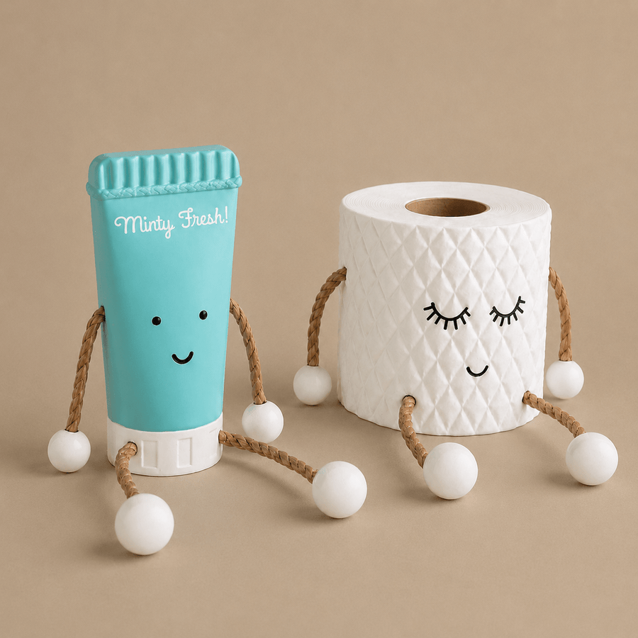 Set of 2 Natural Toothpaste and Toilet Roll Bathroom Ornament