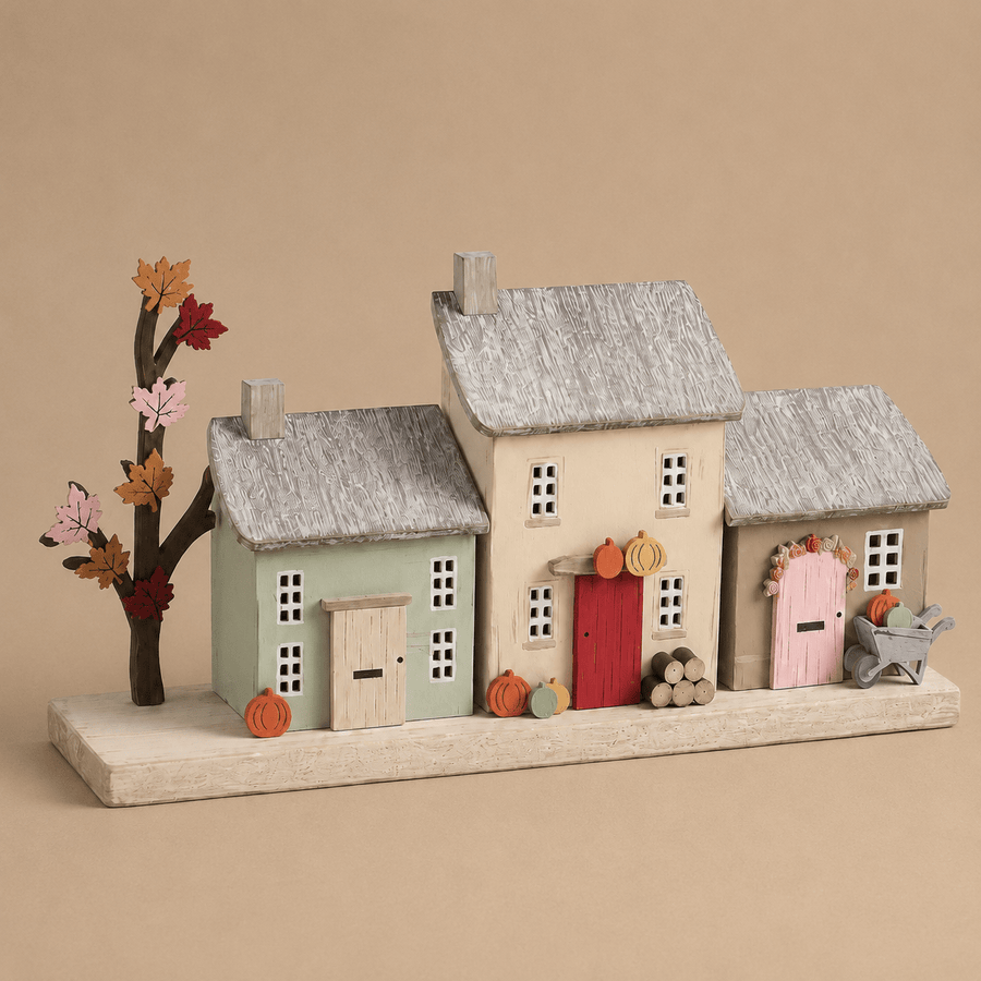 Multi Light Up Autumn Village Scene Wooden Ornament