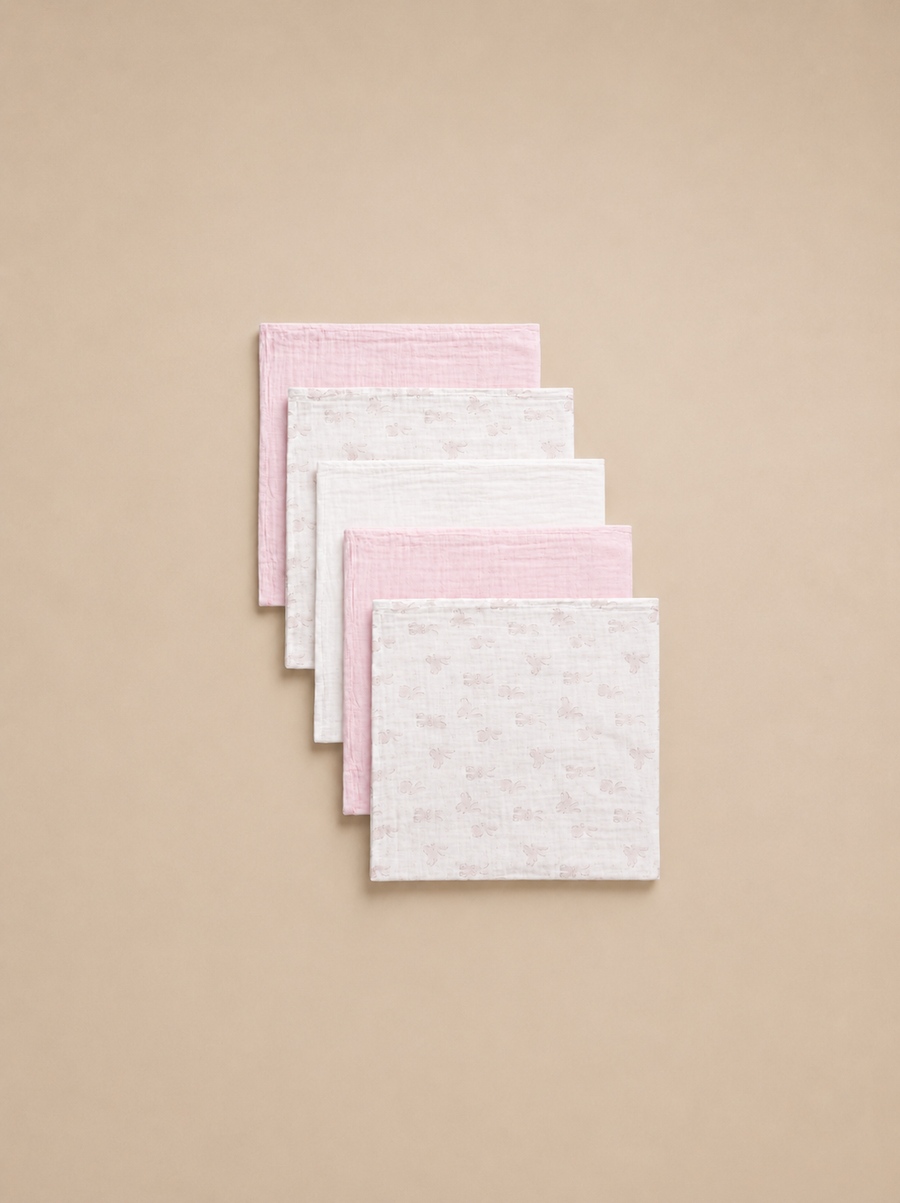 Pink Bunny Print & White Muslin Squares 5 Pack One Size