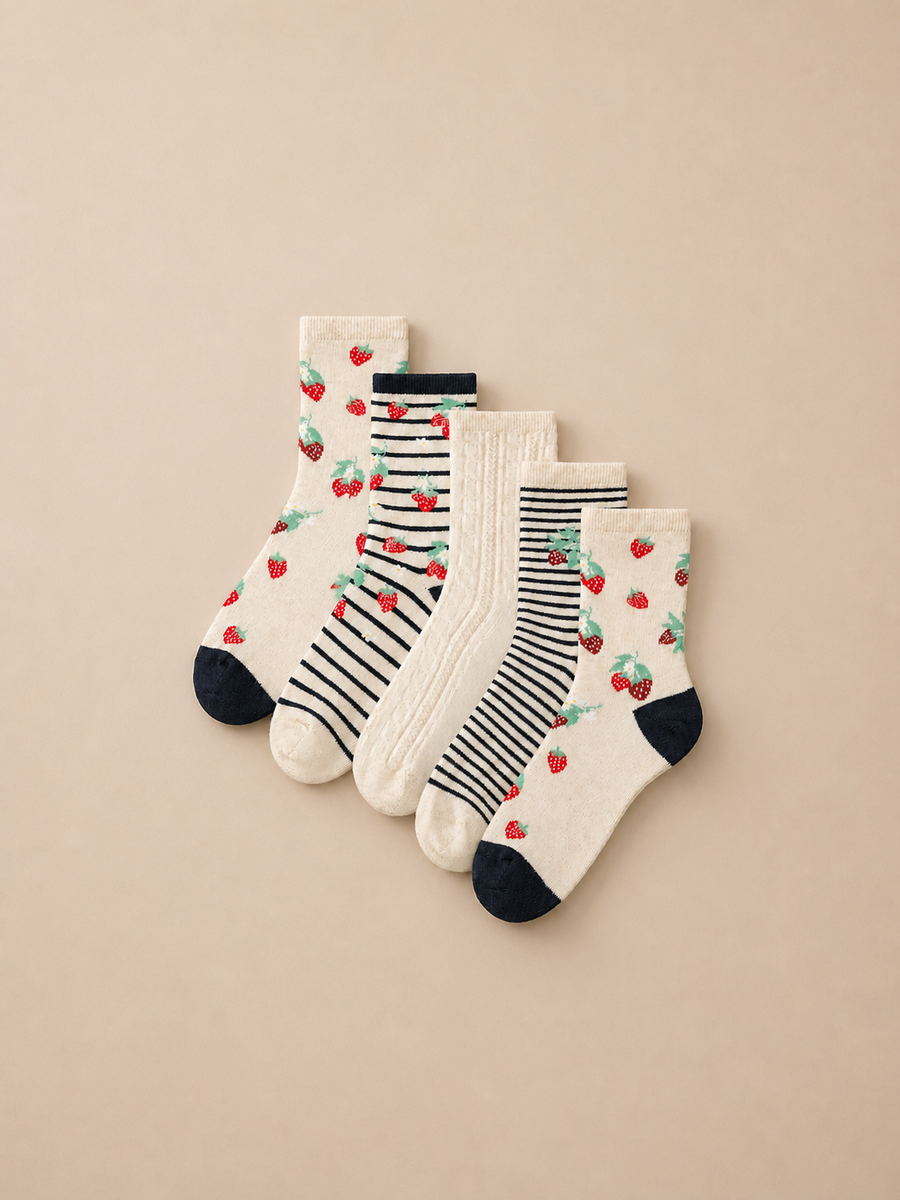 Strawberry Print Ankle Socks 5 Pack 4-8
