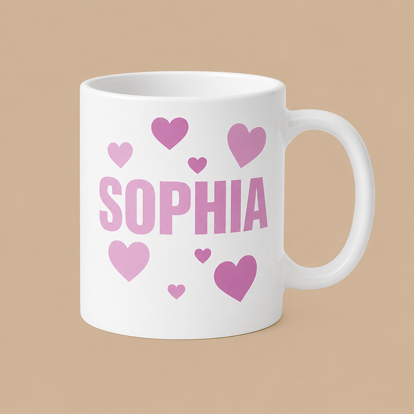 Personalised Pink Heart Name Mug for Girls & Ladies – 11oz
