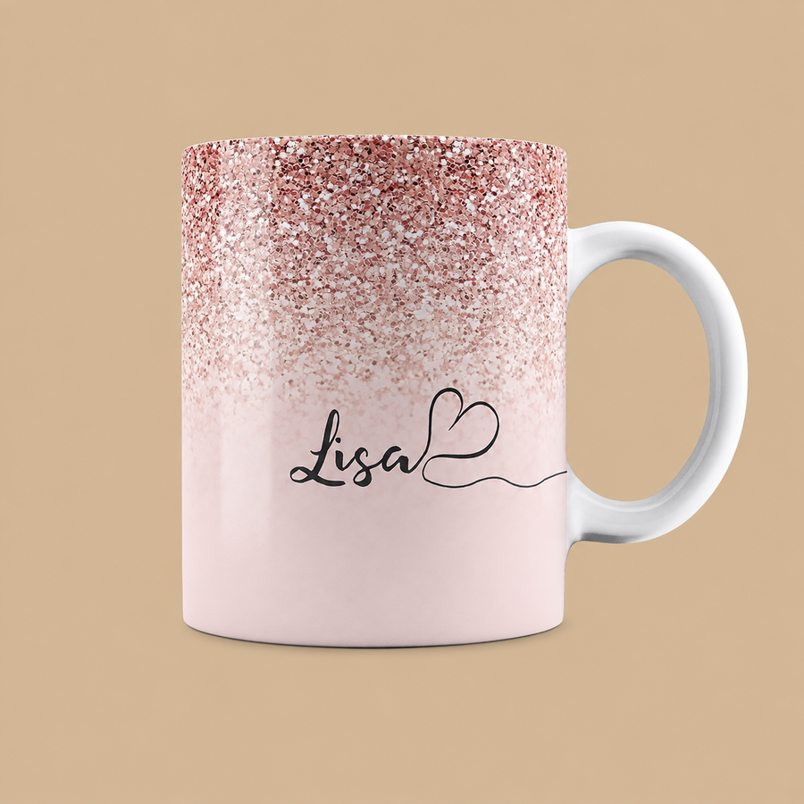 Personalised Pink Sparkle Fade Name & Heart Mug