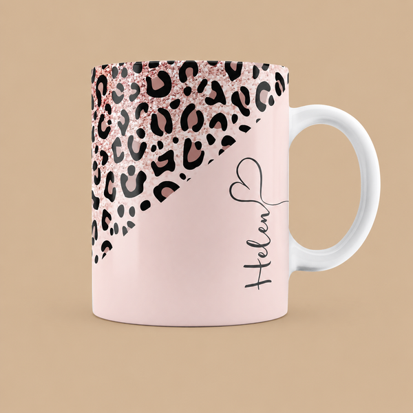 Personalised Leopard Print Pink Sparkle Fade Name Mug – 11oz