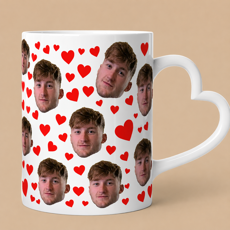 Personalised All-Over Face Heart Handle Mug