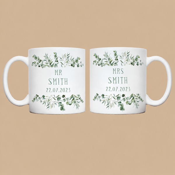 Personalised Eucalyptus Mr & Mrs Wedding Mug