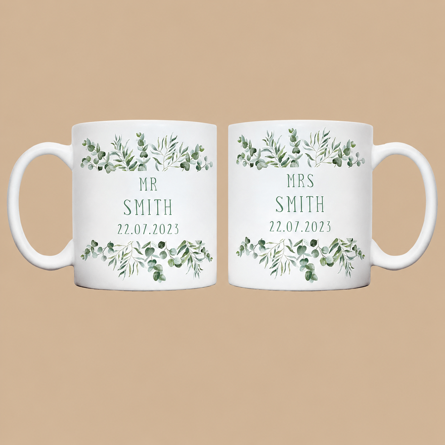 Personalised Eucalyptus Mr & Mrs Wedding Mug