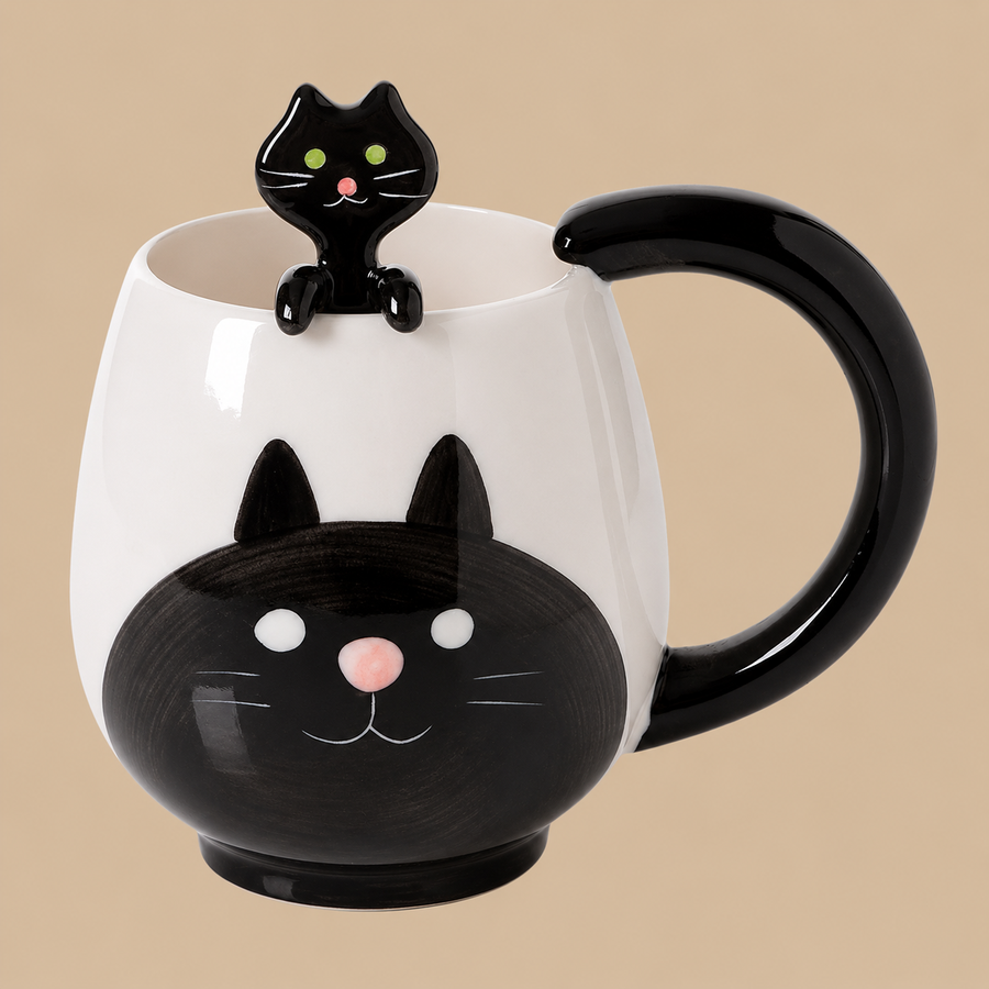 Black Cat Novelty Mug with Spoon – 14oz