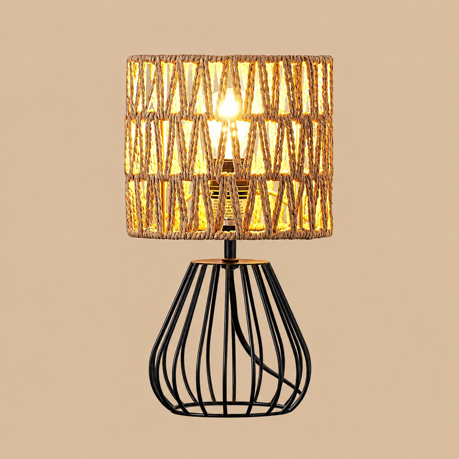 EDISHINE Boho Rattan Table Lamp with Black Metal Cage