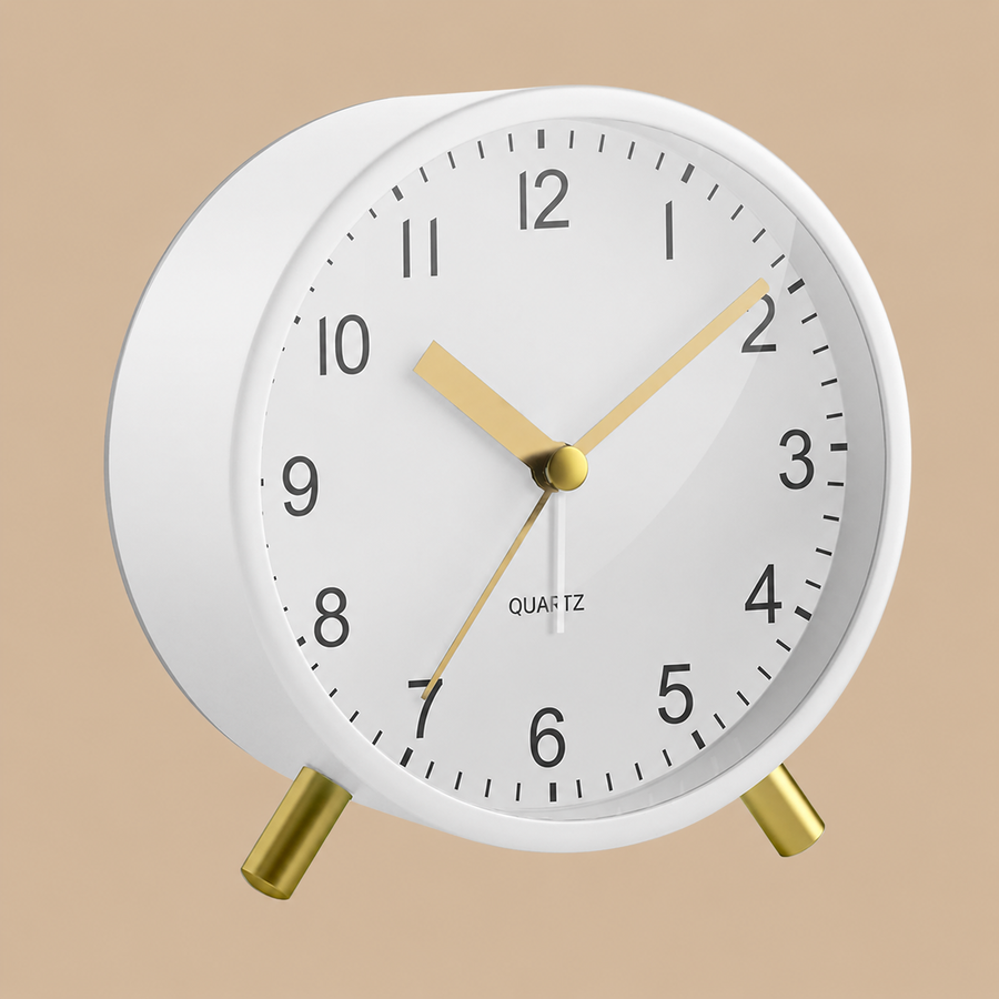 White  with Gold Silent Analogue Bedside Alarm Clock