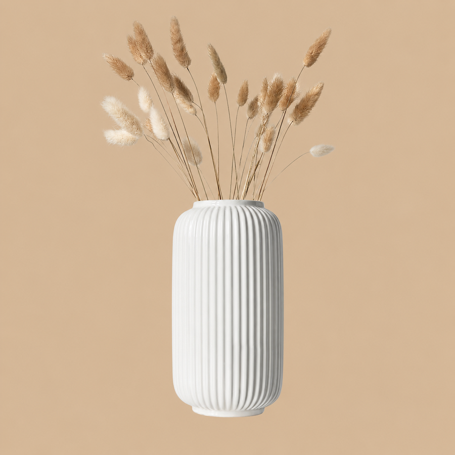 White Ribbed Geometric Ceramic Vase – 8 Inch