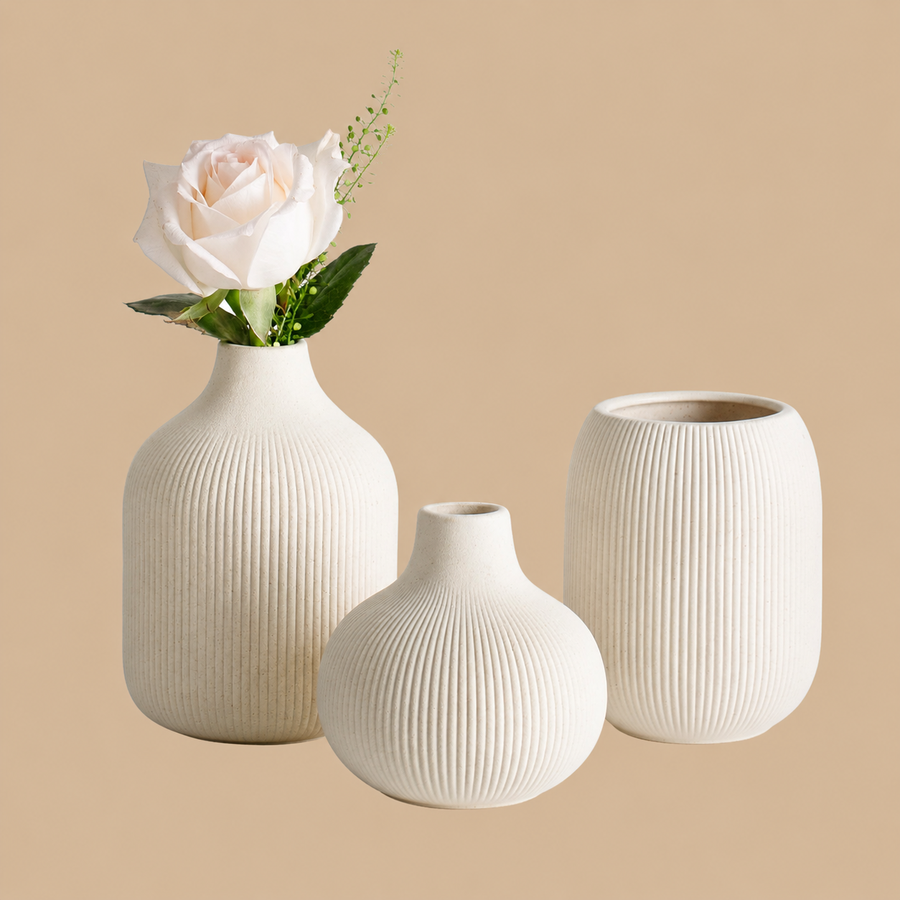 Dnnnii Beige Ribbed Ceramic Vase Set – Set of 3