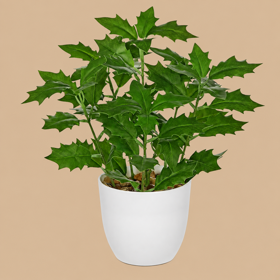 Small Artificial Green Holly Plant in Pot – 25cm