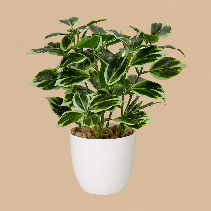 Small Artificial White Green Plant in Pot – 25cm