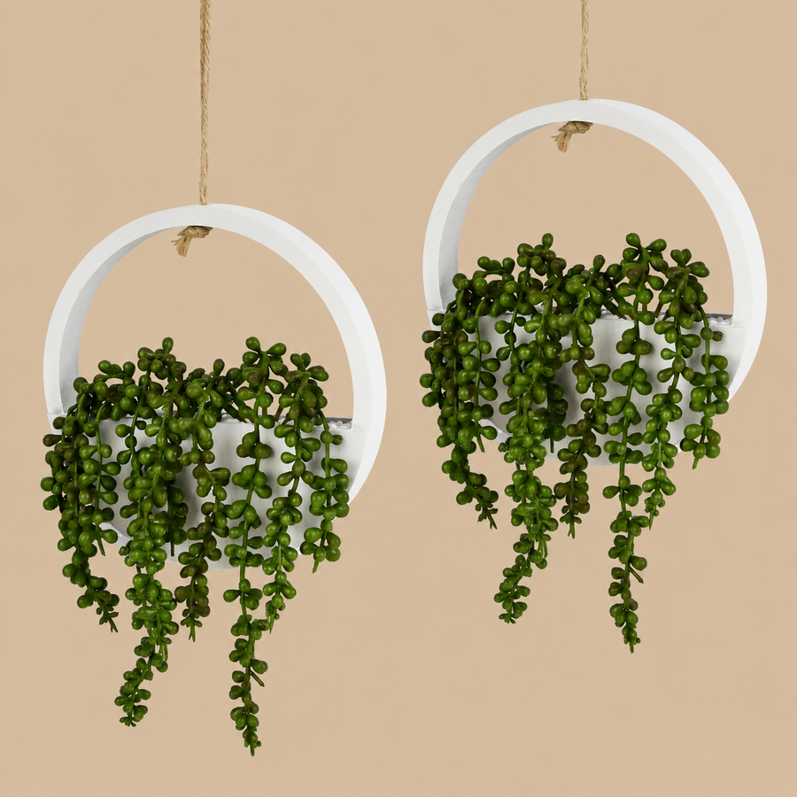 Artificial String of Pearls Hanging Plants with Pots – Set of 2